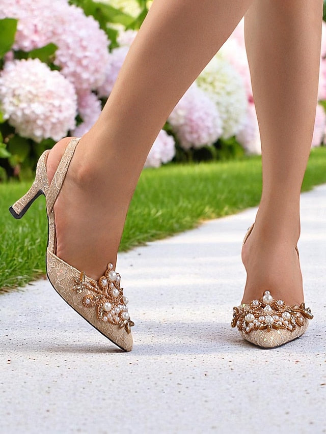 Heels Pearl Detailing Women's Satin Black - Slingback with FashionChic