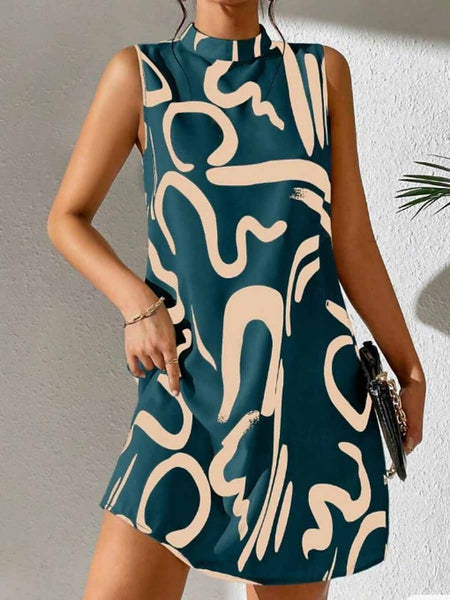 Women's Graphic Stand Collar Mini Dress Sleeveless Summer