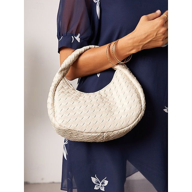 – Leather Round Woven Chic Women's Elegant Ivory Hobo Bag FashionChic