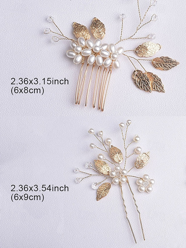 Leaf Faux Pearls Accessory Bridal Hair with Set and Silver Gold FashionChic