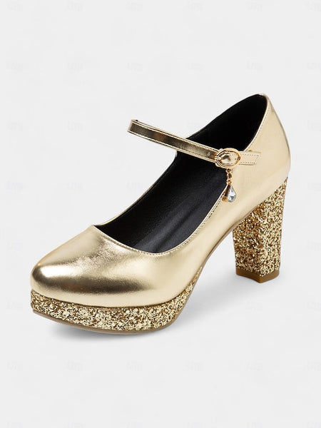Heel Gold Sparkly Glitter Mary Block Pumps – Jane Women's FashionChic