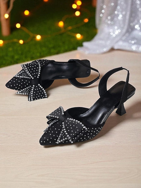 Bow Pointed Heels - Women's Sparkly Slingback Rhinestone FashionChic