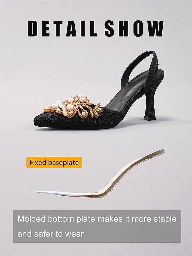 Heels Pearl Detailing Women's Satin Black - Slingback with FashionChic