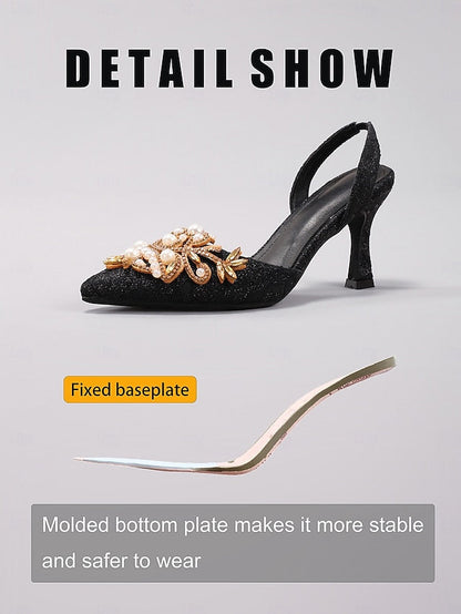 Heels Pearl Detailing Women's Satin Black - Slingback with FashionChic