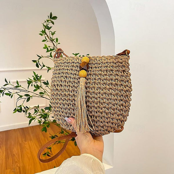 Tassel Women's Bag Woven Boho Handbag – Straw Crossbody FashionChic