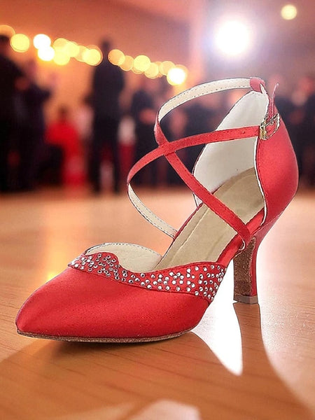 - Cross Shoes Dance Toe Ballroom Closed Red Satin Women's FashionChic