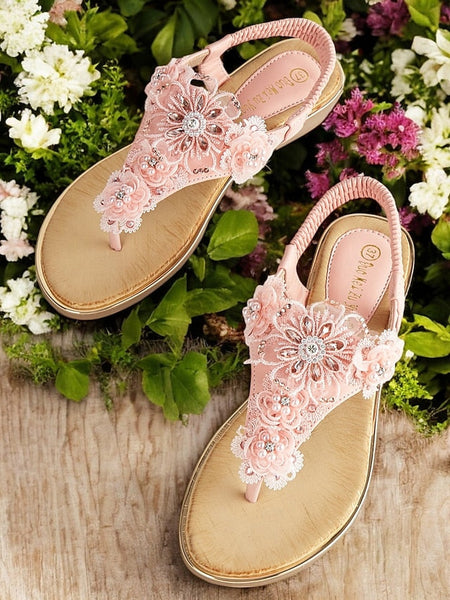 – Lace Women's Embellished Pink Floral Sandals T-Strap FashionChic
