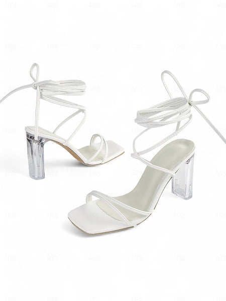 Lace-Up with Women's Strappy Heel White Block Heels Clear FashionChic