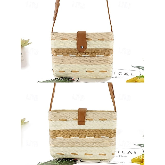Woven with Women's Colorblock Straw Striped Brown Tote Bag FashionChic