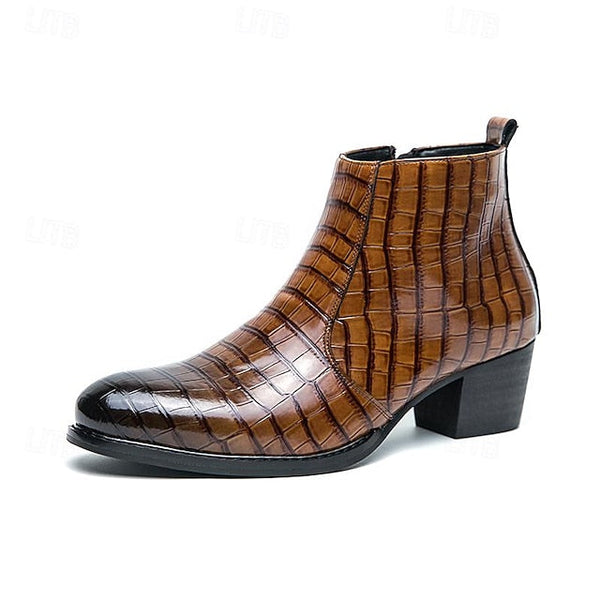 Leather - Faux Boots Men's Pattern Crocodile Ankle Brown FashionChic