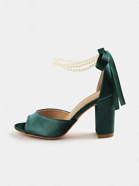 Peep-Toe Sandals Heel Pearl Satin Block Ankle Women's with FashionChic