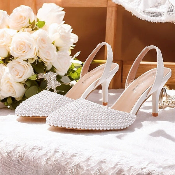 with Pearl Women's Slingback Embellishments White – Heels FashionChic