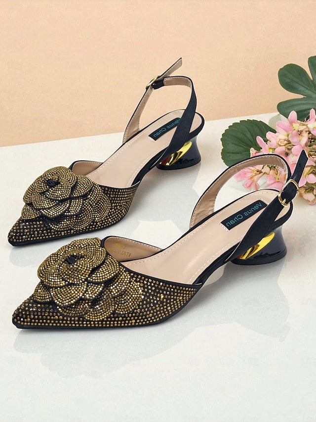 Rhinestone Women's Slingback Pumps with Matching Gold FashionChic