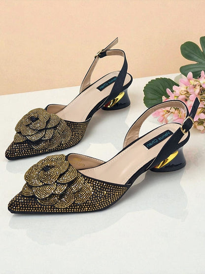 Rhinestone Women's Slingback Pumps with Matching Gold FashionChic