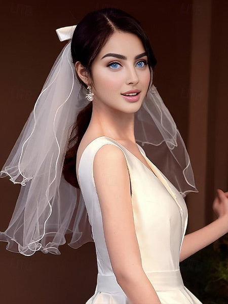 and Soft - Bridal Satin Tulle Ivory Ribbon with Veil Elegant FashionChic