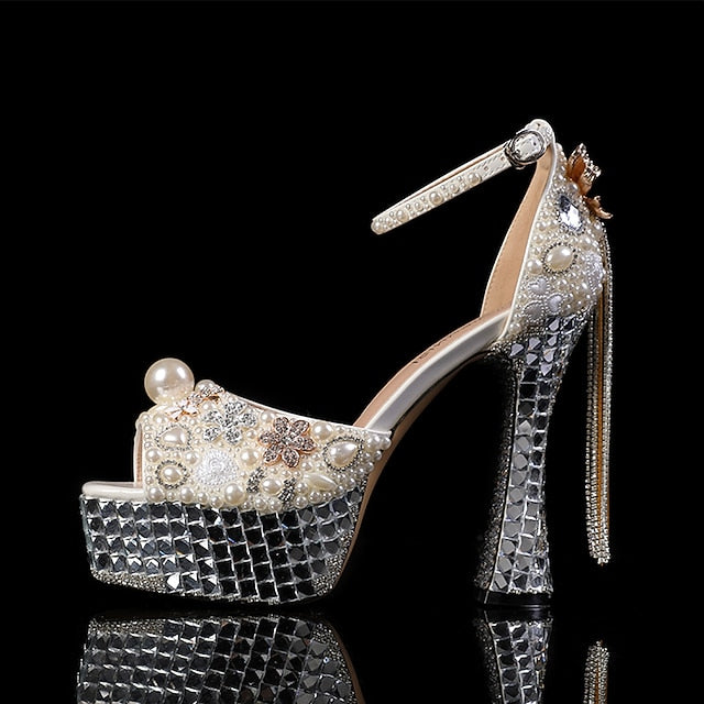 White Women's Platform Pearl Rhinestone Embellished and FashionChic