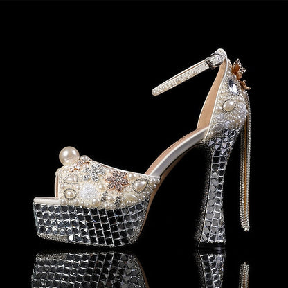 White Women's Platform Pearl Rhinestone Embellished and FashionChic