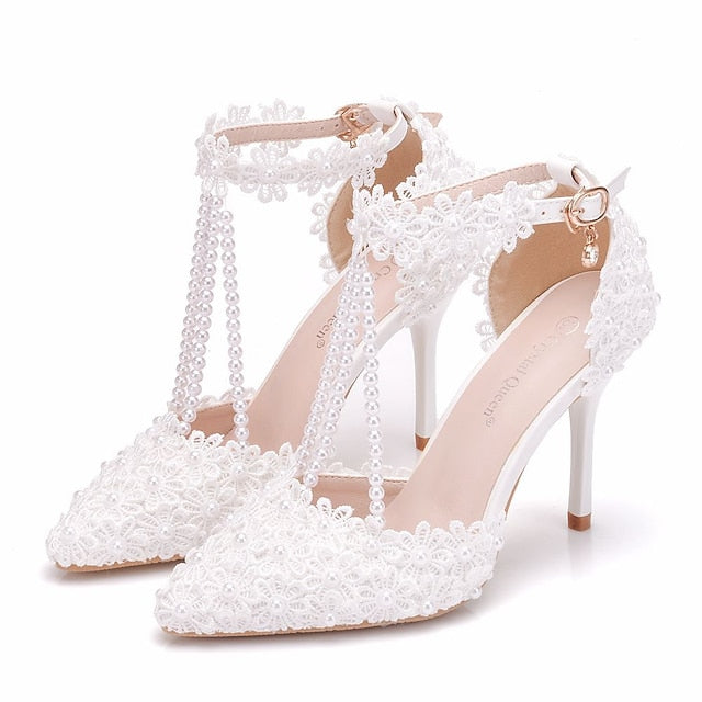 Wedding Shoes Heel Pointed High Women's Lace Bridal FashionChic