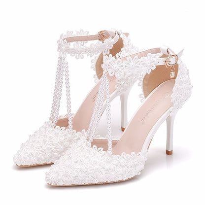 Wedding Shoes Heel Pointed High Women's Lace Bridal FashionChic