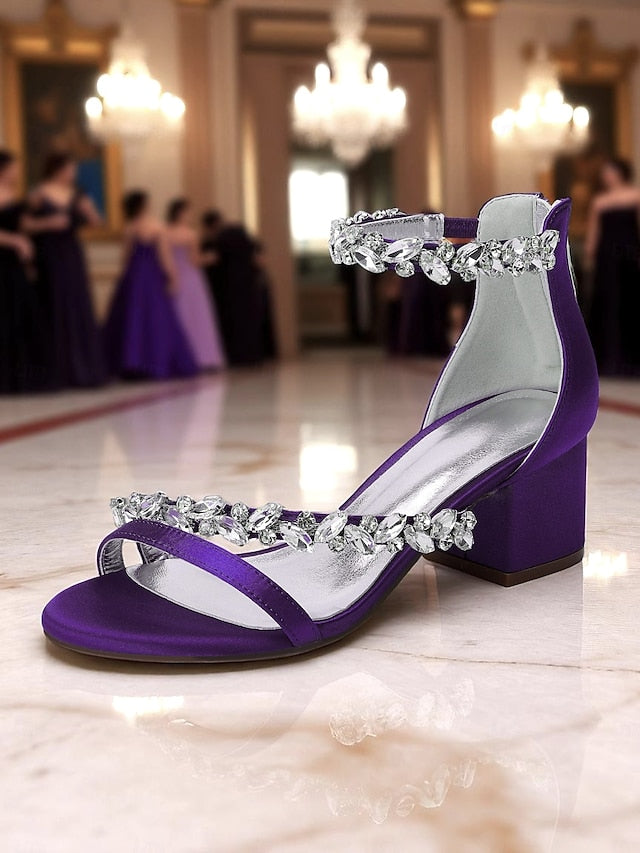Women's Crystal Purple - Block Satin Sandals Heel FashionChic