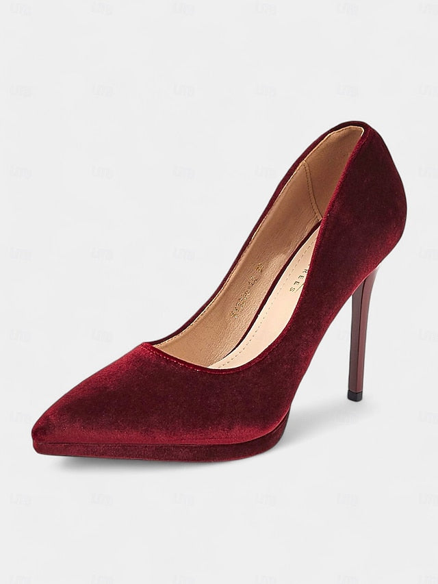 Heel Velvet Stiletto Women's and Pumps Burgundy with FashionChic