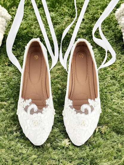 with Lace Shoes Ties - Ribbon Flats Wedding Elegant Bridal White FashionChic
