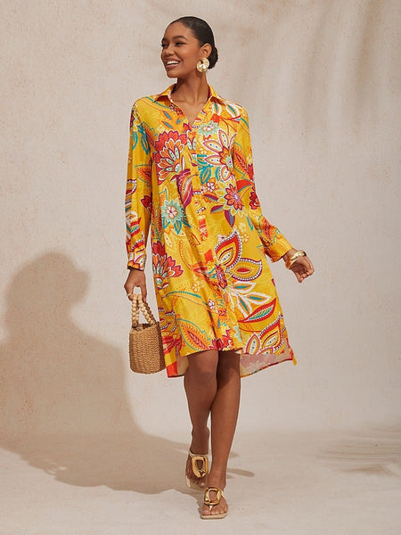 Vacation Yellow Paisley Print Straight Fit Satin Shirt Dress FashionChic