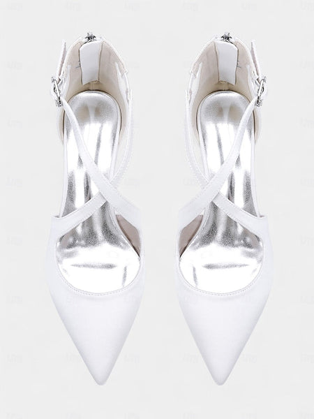 Satin - Block Pointed Toe Women's Heels Elegant Ivory FashionChic