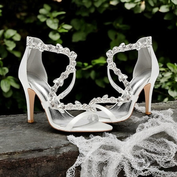 Pink Rhinestone Women's Heel Satin Floral High Sandals with FashionChic