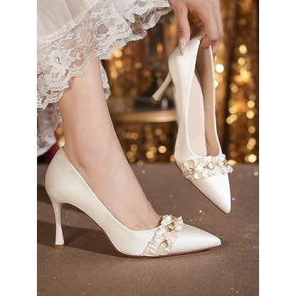 Satin with Pointed Heel Ruffle High Pumps Toe Women's White FashionChic