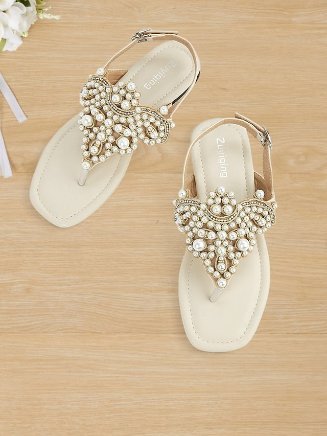 Sandals Pearl-Embellished Women's Elegant – T-Strap Flat FashionChic