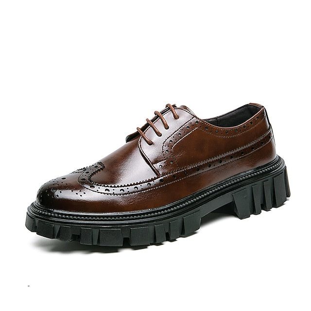 Brogue – Brown Chunky Sole Leather Shoes Faux Men's FashionChic