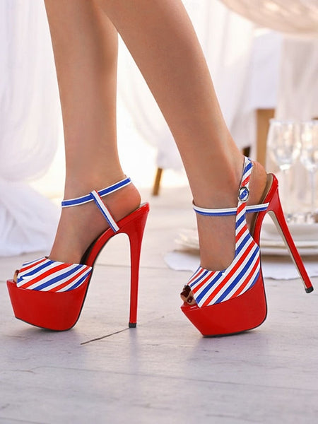 Striped White Platform Stiletto Blue Red Women's Heels and FashionChic