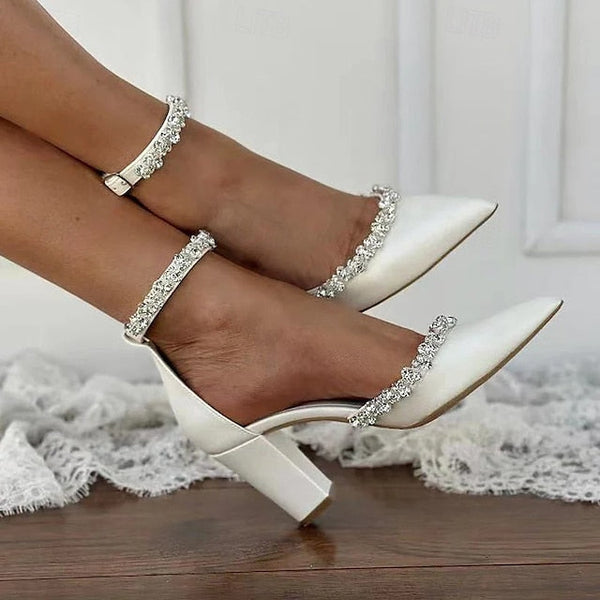 Toe Pointed – White Block Wedding Heel Shoes with Women's FashionChic