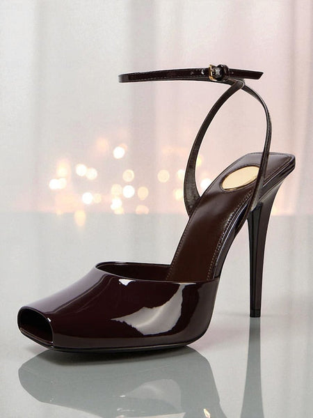 Women's Toe Peep Heels Patent - Dark High Green Leather FashionChic