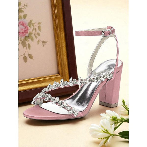 White Women's with Straps Sandals Rhinestone - Block Heel FashionChic