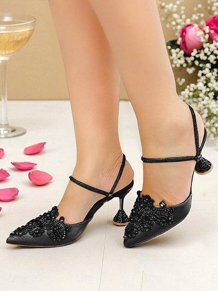 Rhinestone Gold Toe Pointed Embellished Satin Women's FashionChic