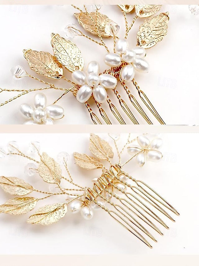 Leaf Faux Pearls Accessory Bridal Hair with Set and Silver Gold FashionChic