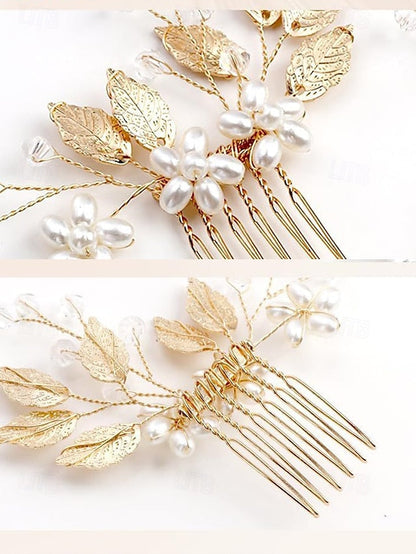 Leaf Faux Pearls Accessory Bridal Hair with Set and Silver Gold FashionChic