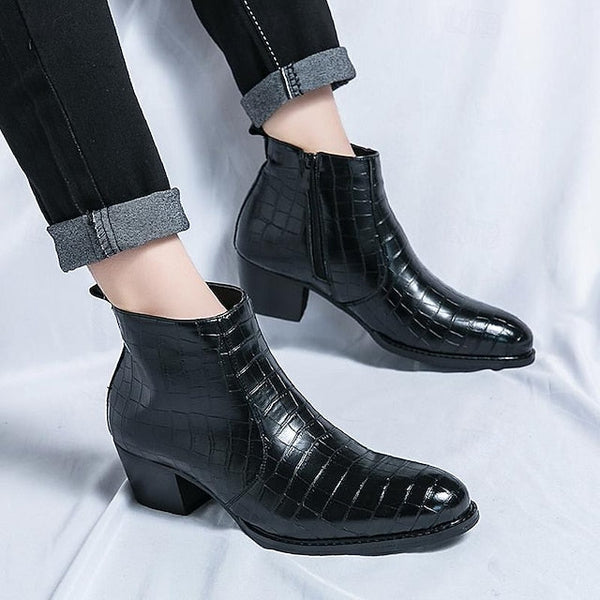 Leather - Faux Boots Men's Pattern Crocodile Ankle Brown FashionChic