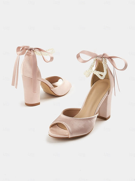 Peep-Toe Sandals Heel Pearl Satin Block Ankle Women's with FashionChic