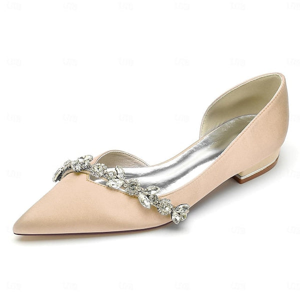 Satin White Wedding with Shoes Pointed Toe Flat Crystal and FashionChic