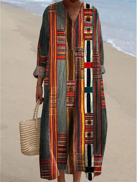 Women's Midi Dress V Neck Long Sleeve Kaftan Lightweight FashionChic
