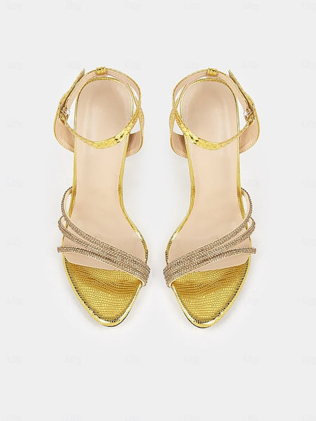 Gold Sandals Open-Toe Women for Stiletto Rhinestone-Embellished FashionChic