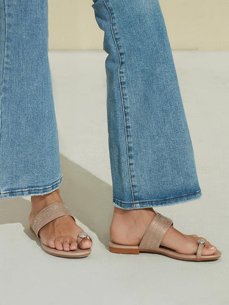 Flat with Women's Champagne Sandals Rhinestone Heel Slip-On FashionChic