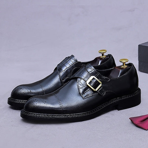 Dress Genuine Strap Black Men's Leather Monk First Shoes- FashionChic