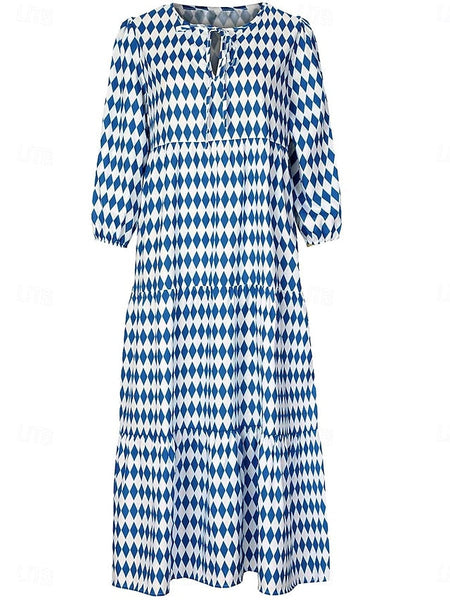 Women's Geometric Print V Neck Lantern Sleeve Maxi Dress FashionChic