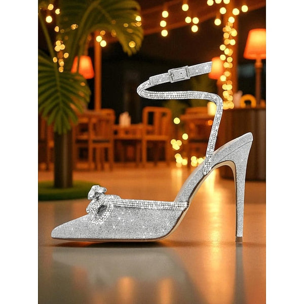 and Heels Black Stiletto Women's Bow with Rhinestone Satin FashionChic