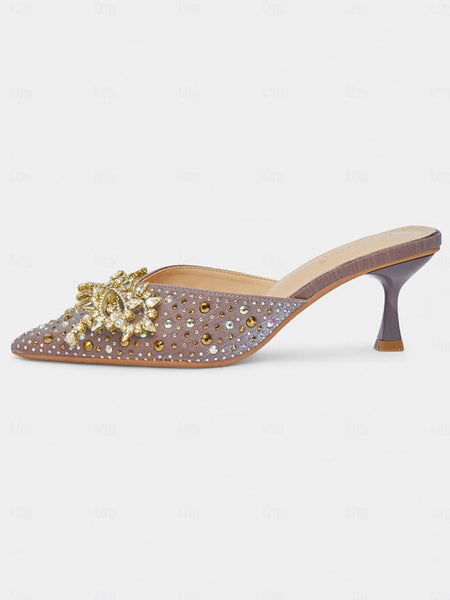 Slip-On Toe Glitter Pointed Rhinestone Mules - Women's FashionChic