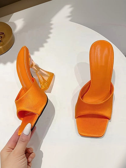 Open-Toe Block Mules with Transparent Satin Green for Heels FashionChic